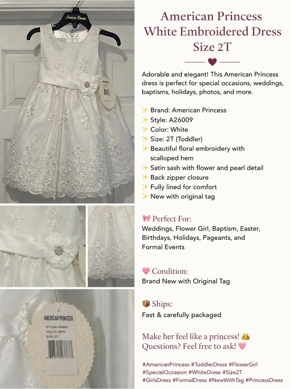American Princess White Embroidered Dress 2T NWT